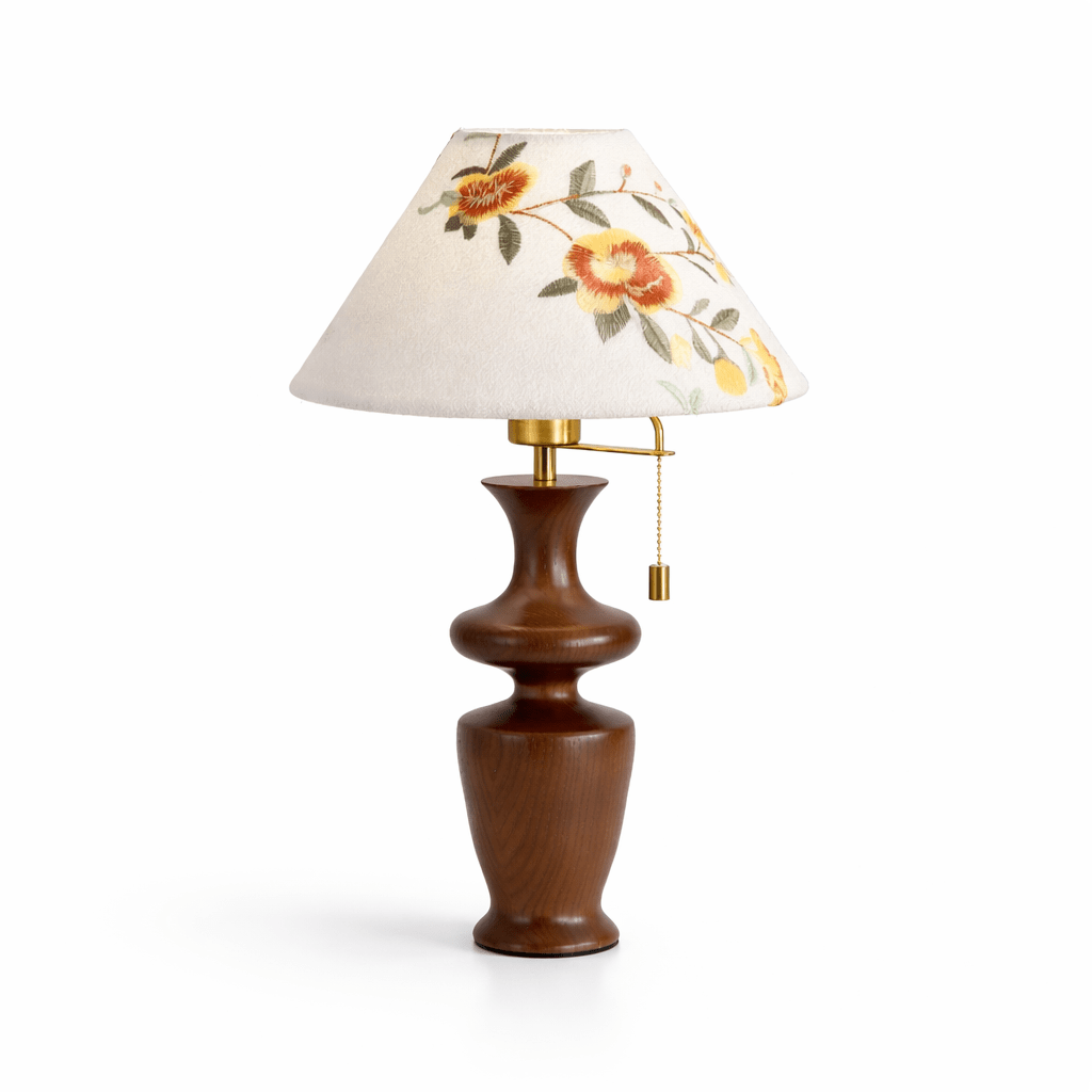 Arden Bloom Table Lamp – Walnut Wood & Floral Fabric Shade