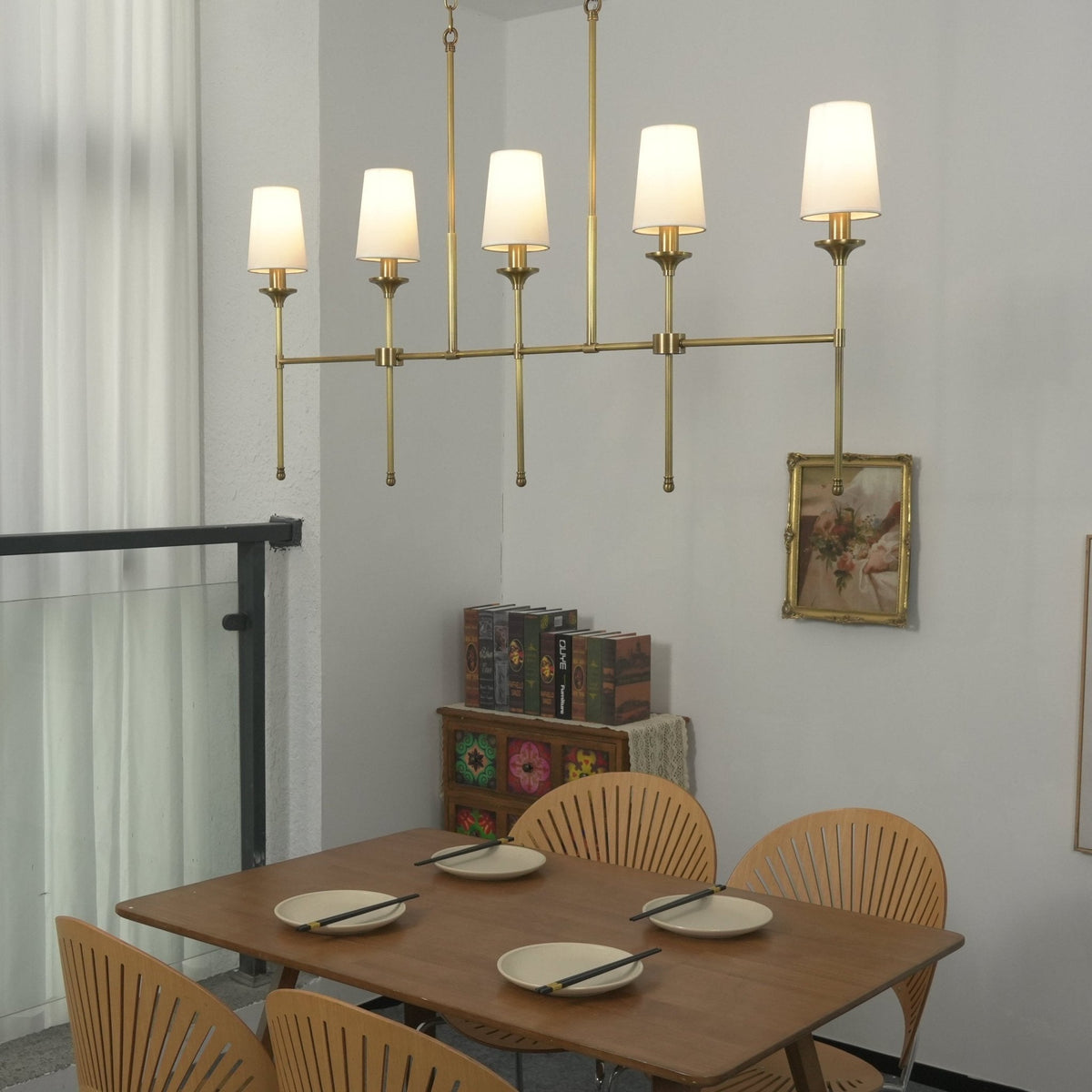 Arden Row Linear Chandelier in Brass, Black, or Nickel with Fabric Shades