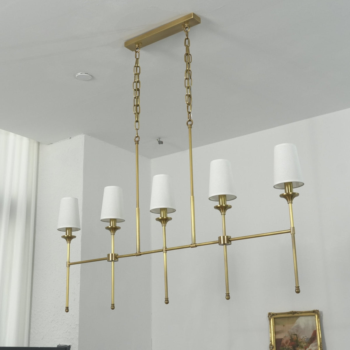 Arden Row Linear Chandelier in Brass, Black, or Nickel with Fabric Shades