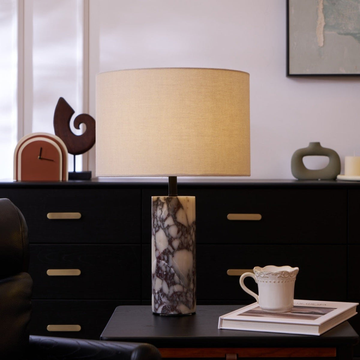 Ardena Marble Table Lamp with Linen Shade for Bedroom and Living Room