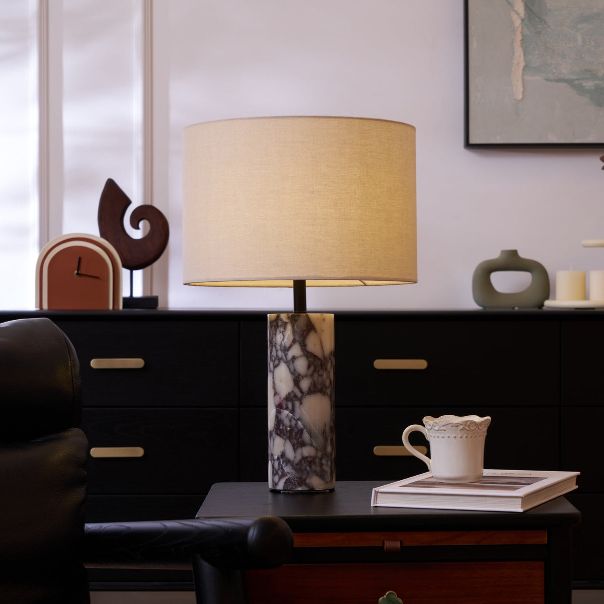 Ardena Marble Table Lamp with Linen Shade for Bedroom and Living Room