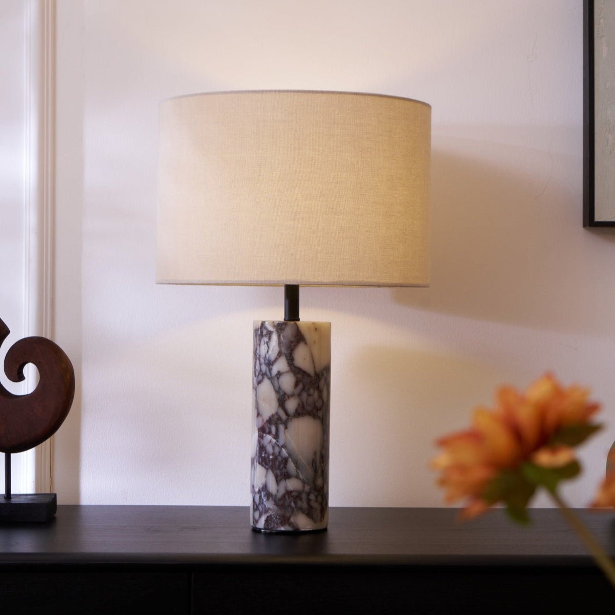 Ardena Marble Table Lamp with Linen Shade for Bedroom and Living Room