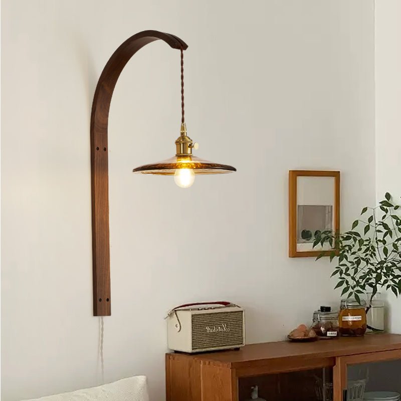 Ardent Wood Wall Sconce with Pleated Glass Shade and Brass Accents