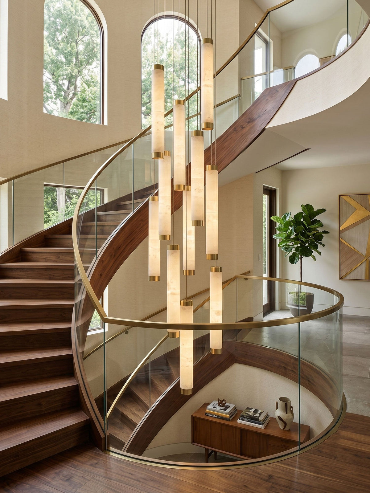 Aria Alabaster Pendant Light – Modern Brass LED Chandelier for Dining Room & Foyer