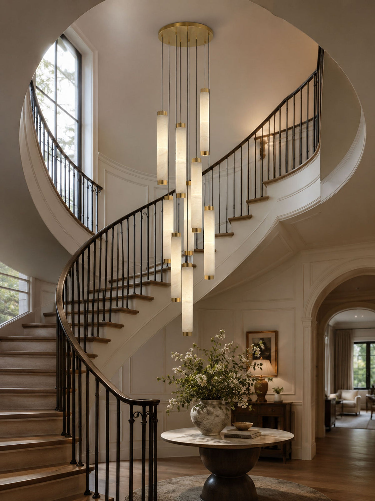 Aria Alabaster Pendant Light – Modern Brass LED Chandelier for Dining Room & Foyer