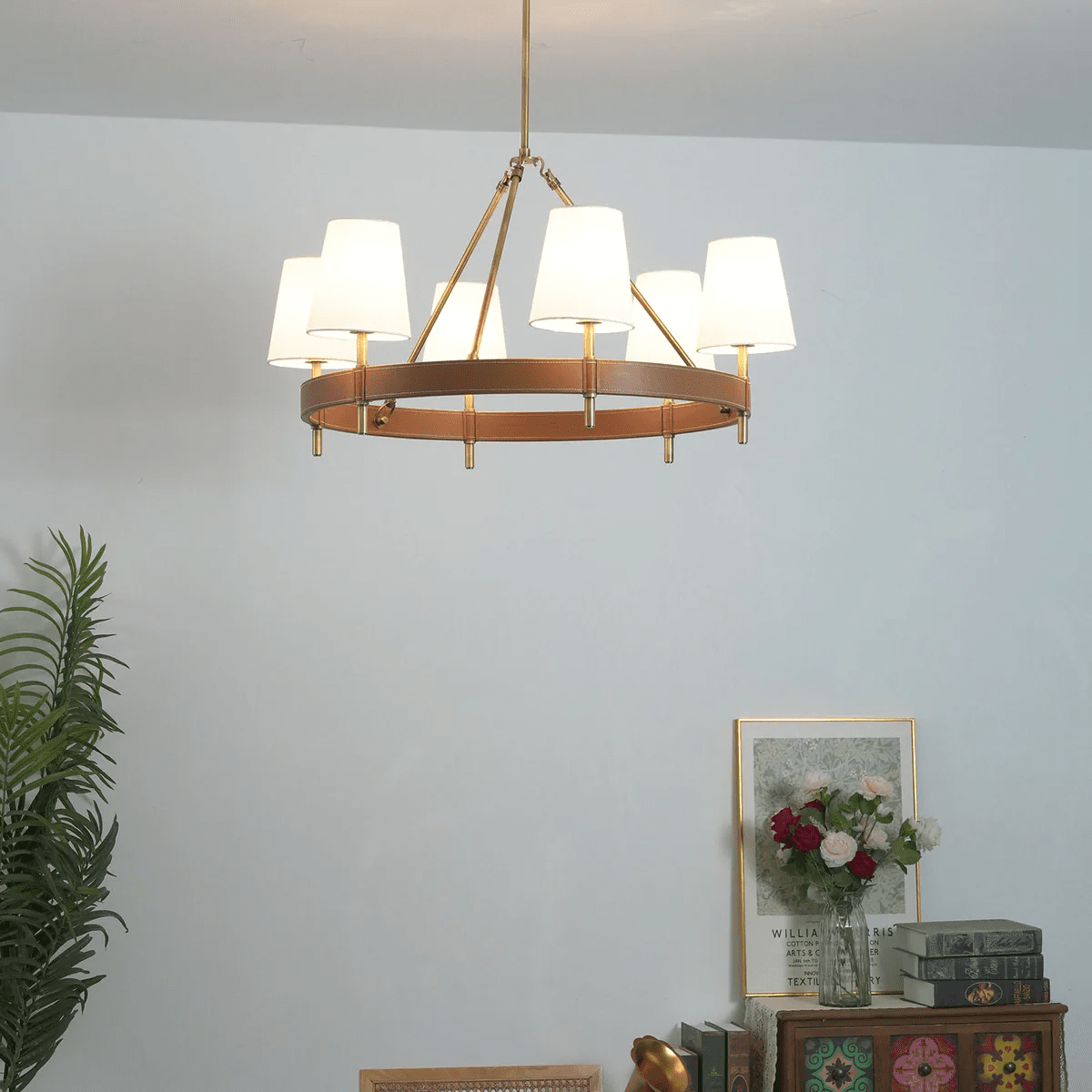 Arianna Leather & Brass Chandelier with Linen Shades, 6-Light