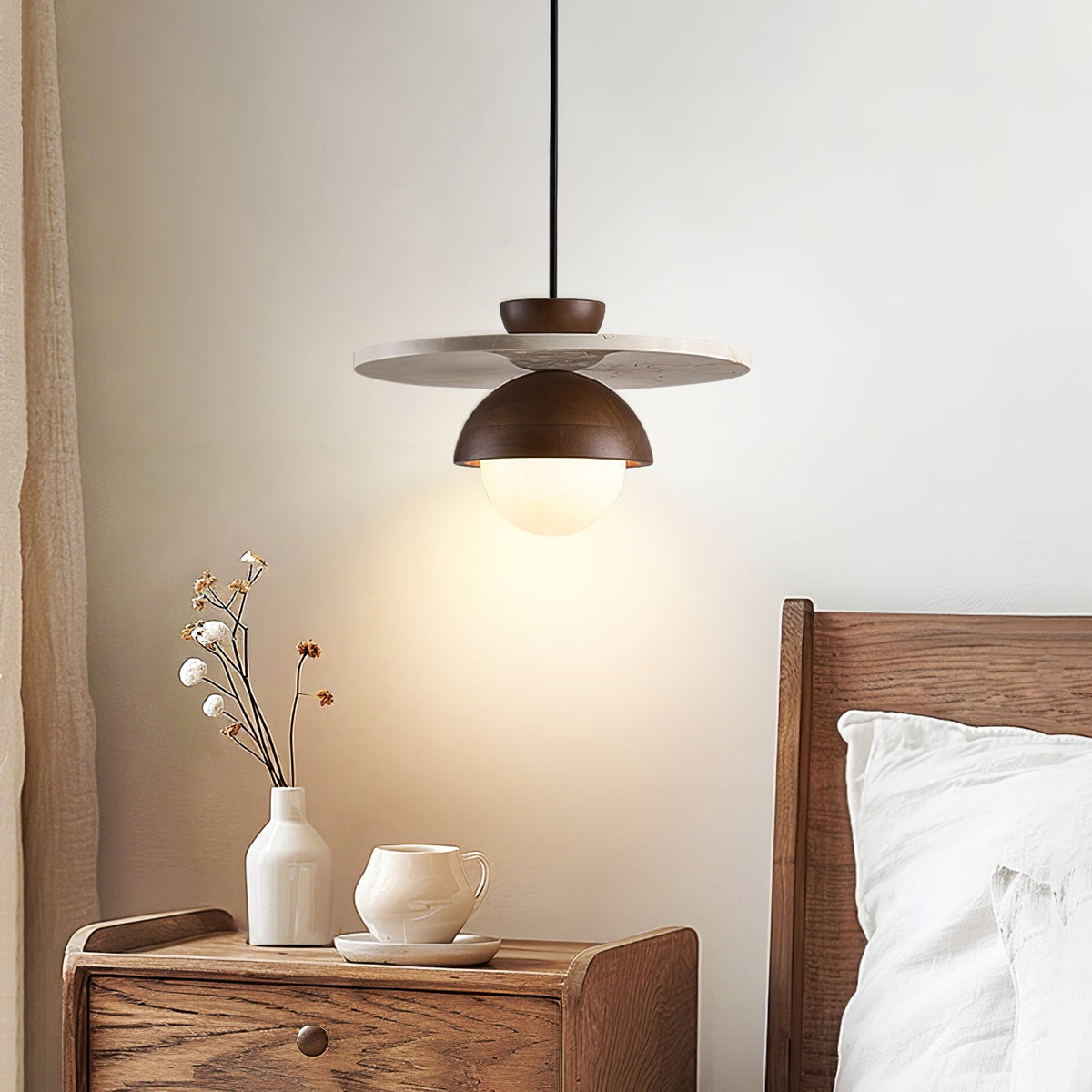 Arlo Travertine Pendant Light – Natural Stone & Walnut Dome