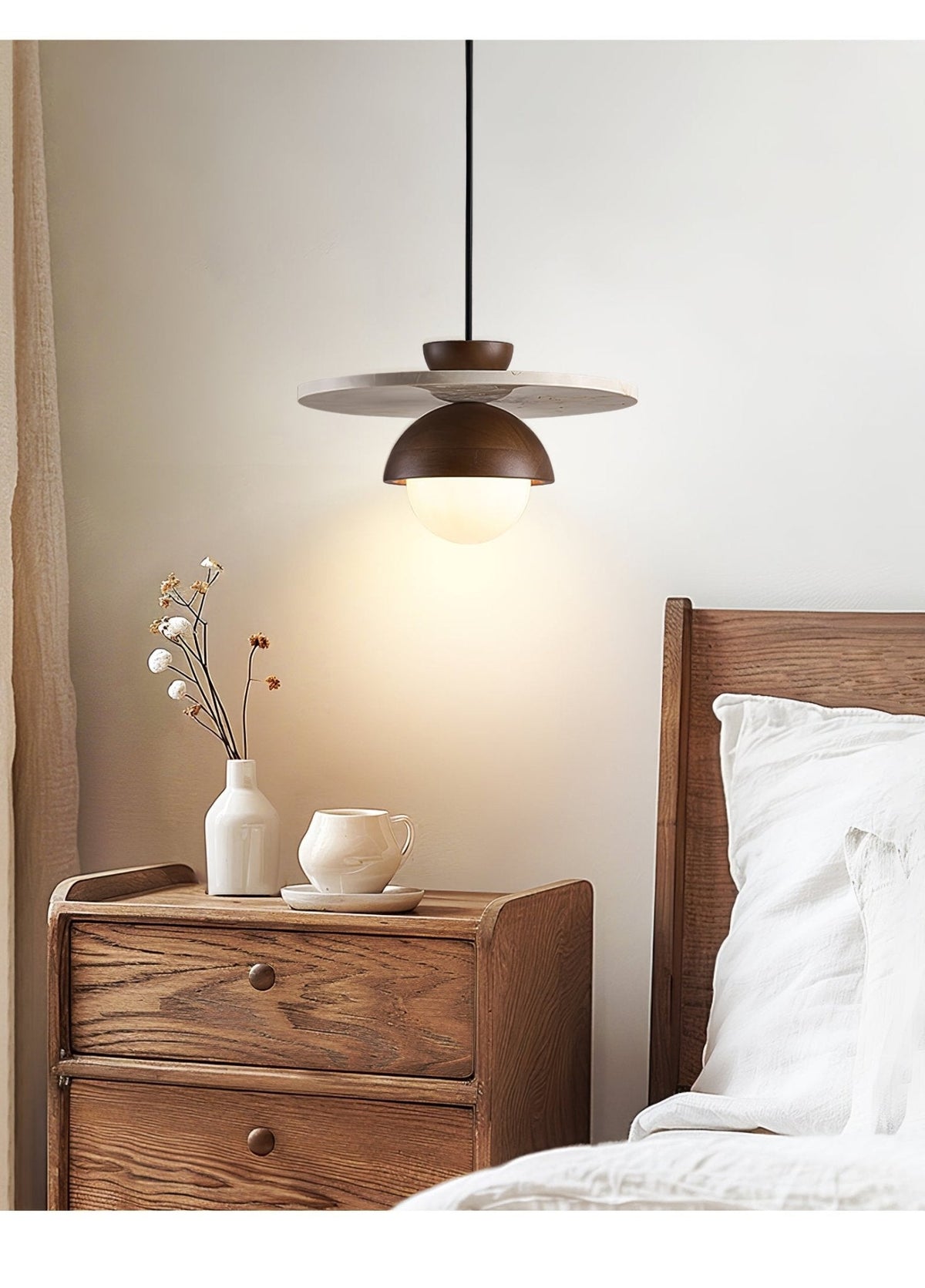 Arlo Travertine Pendant Light – Natural Stone & Walnut Dome