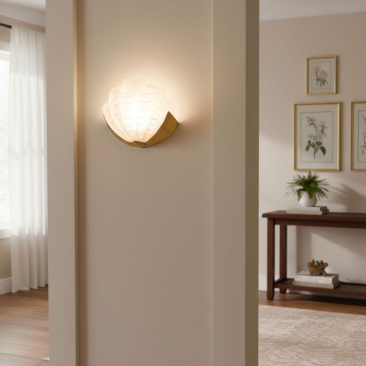 Art Deco Scallop Wall Sconce in Seafoam Glass and Brass