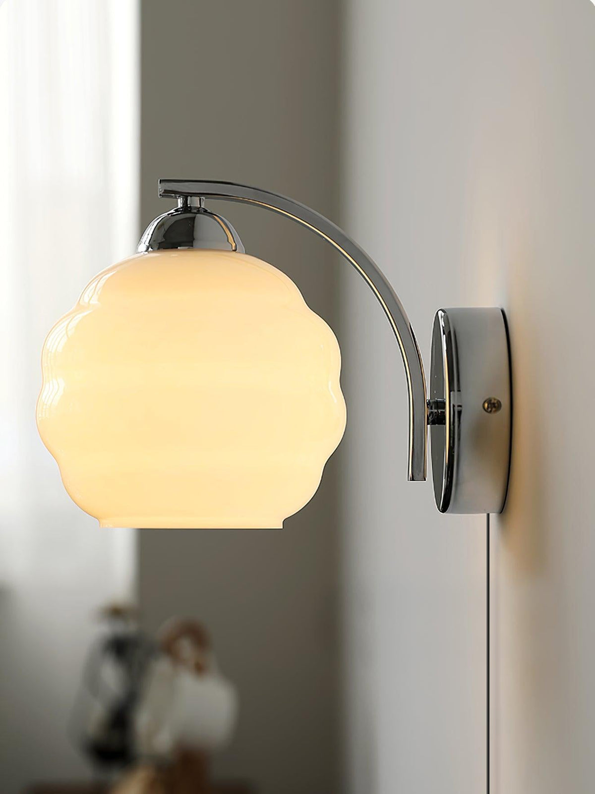 Art Deco Plug-In Wall Sconce with Glass Shade in Gold or Chrome