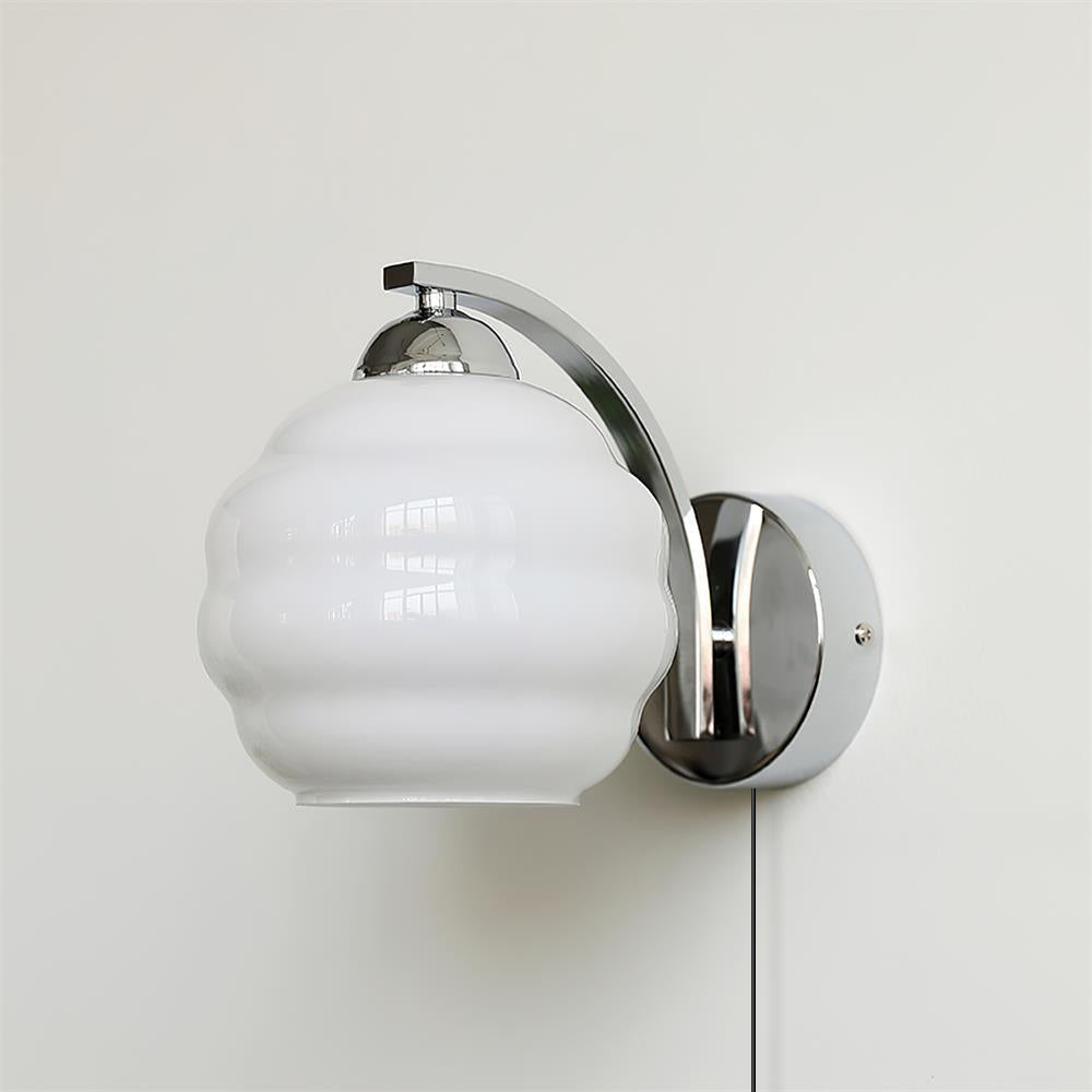 Art Deco Plug-In Wall Sconce with Glass Shade in Gold or Chrome