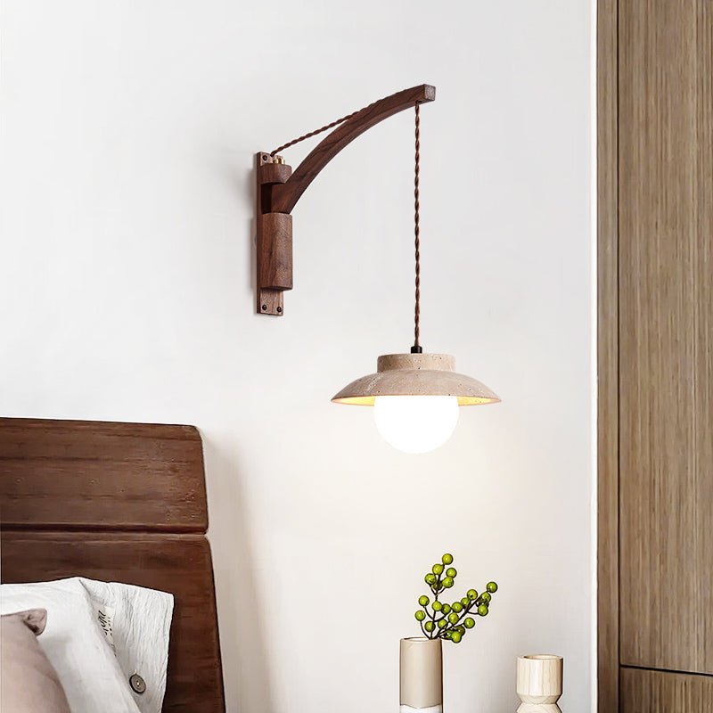 Artisan Arc Wall Sconce with Walnut Arm and Travertine Shade
