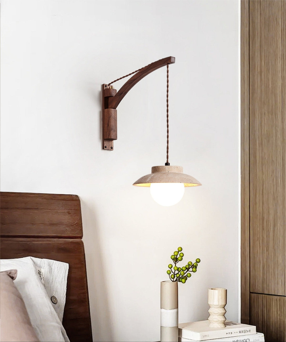 Artisan Arc Wall Sconce with Walnut Arm and Travertine Shade