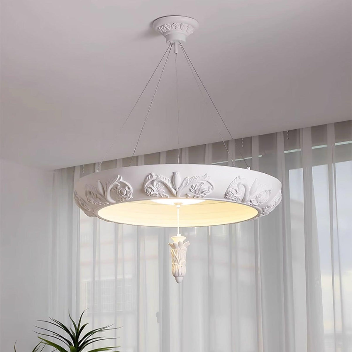 Artisan Carved Plaster Chandelier with Integrated LED – Modern Elegance for Dining and Living Spaces