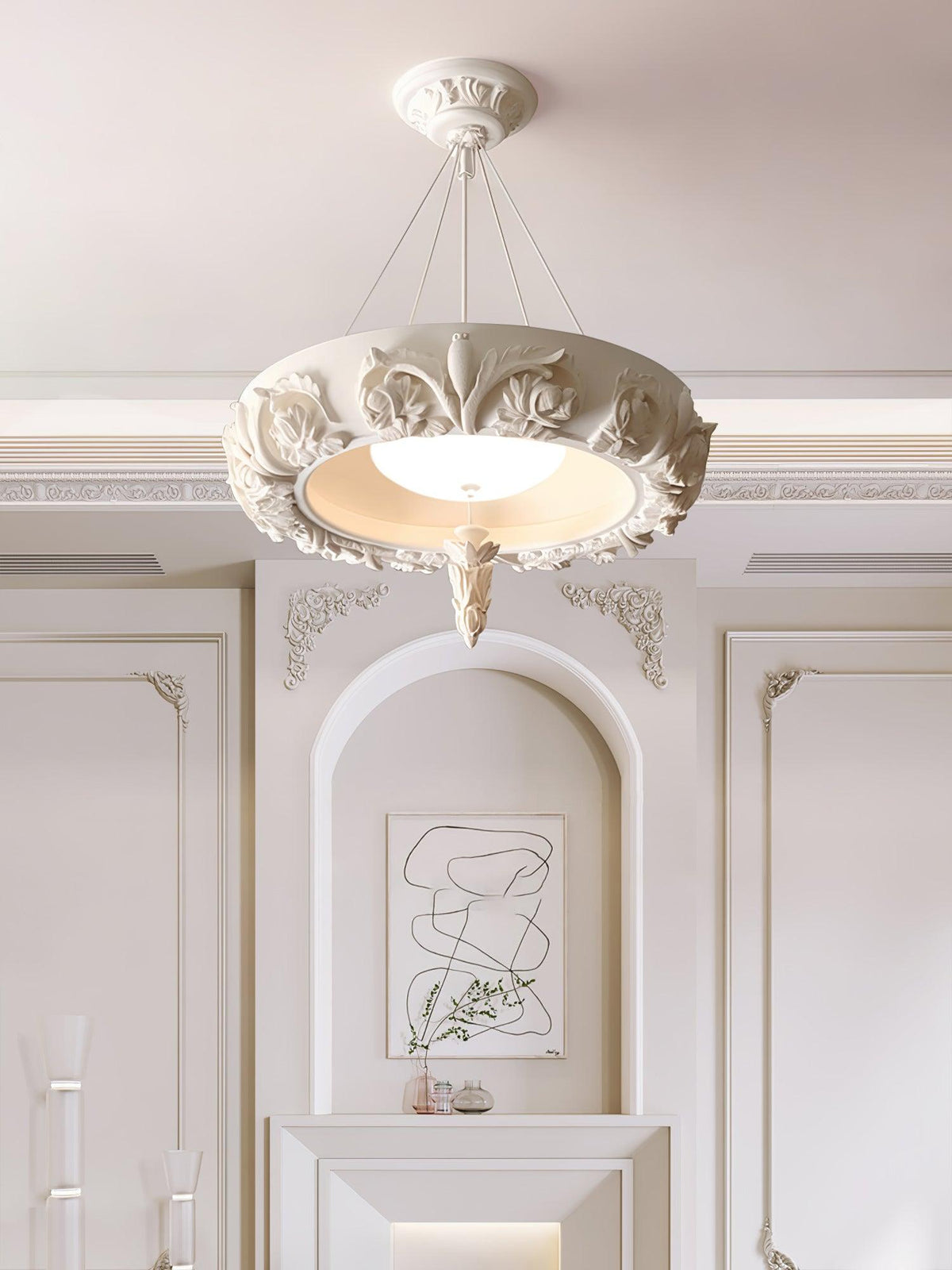 Artisan Carved Plaster Chandelier with Integrated LED – Modern Elegance for Dining and Living Spaces