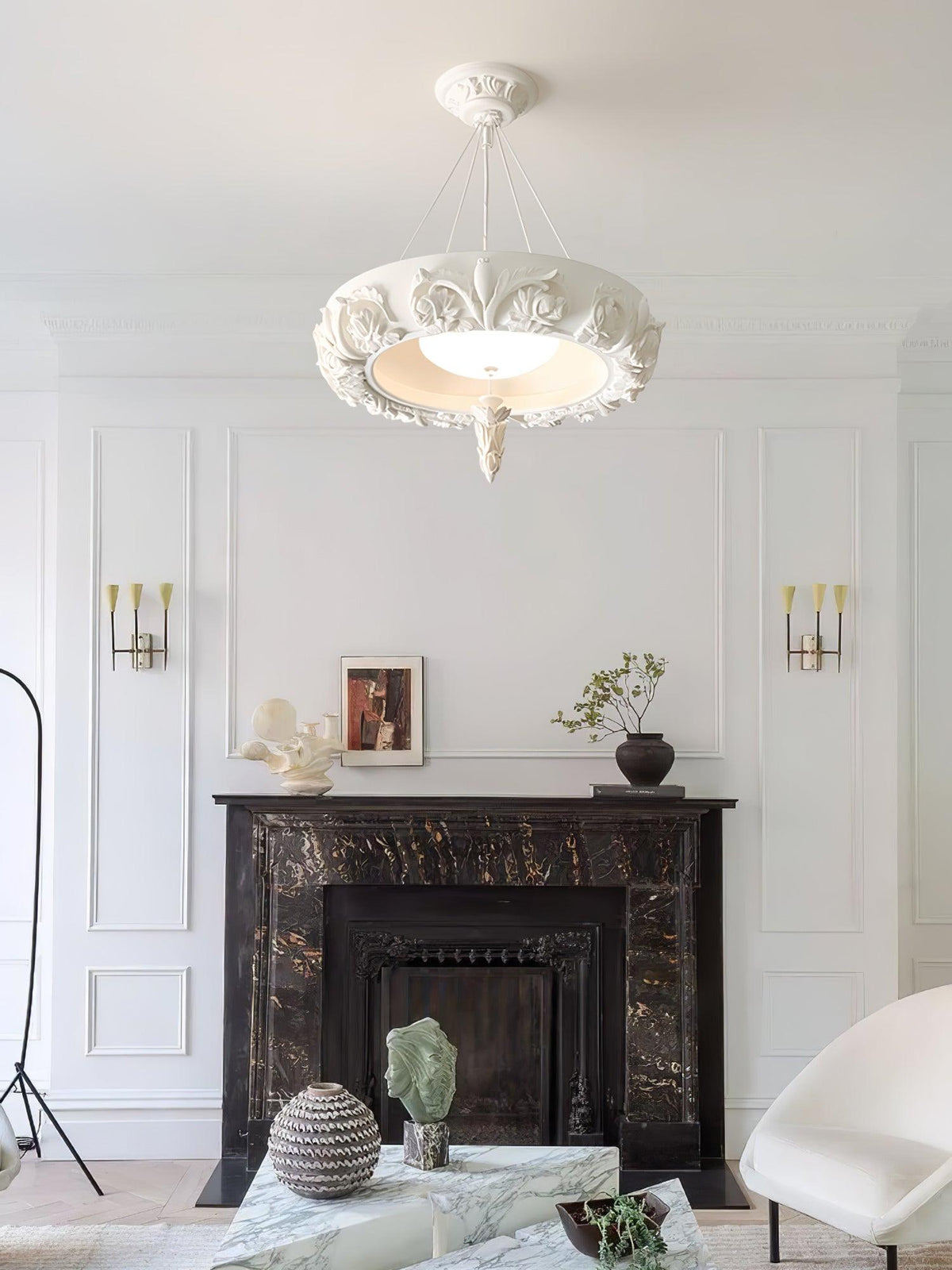 Artisan Carved Plaster Chandelier with Integrated LED – Modern Elegance for Dining and Living Spaces