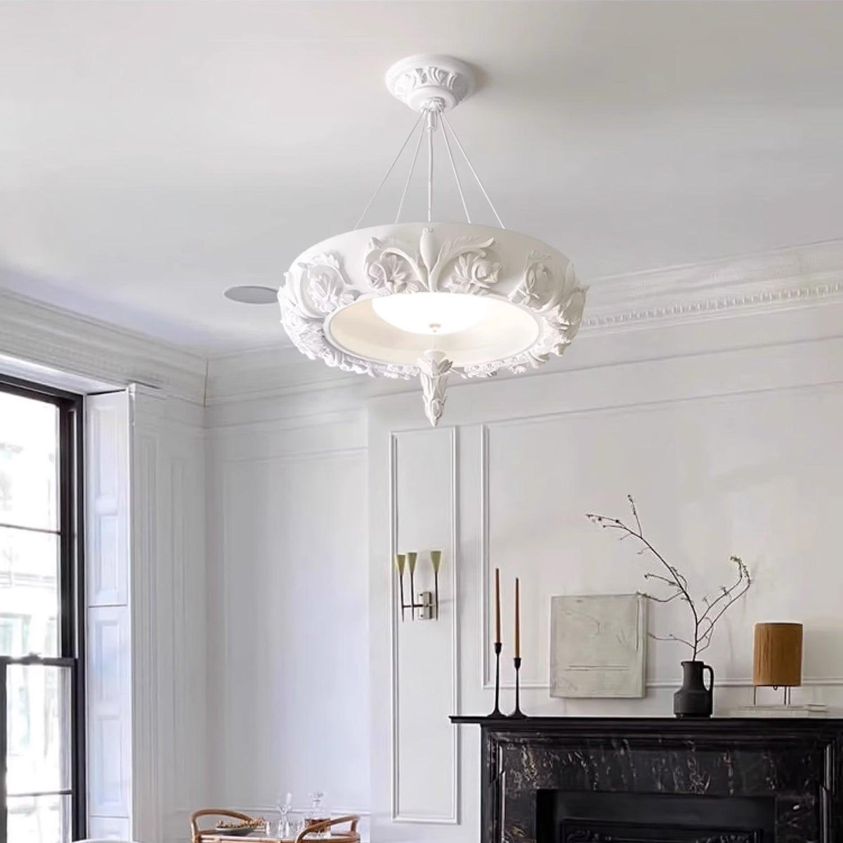 Artisan Carved Plaster Chandelier with Integrated LED – Modern Elegance for Dining and Living Spaces
