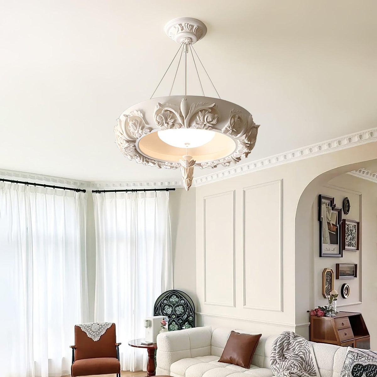 Artisan Carved Plaster Chandelier with Integrated LED – Modern Elegance for Dining and Living Spaces