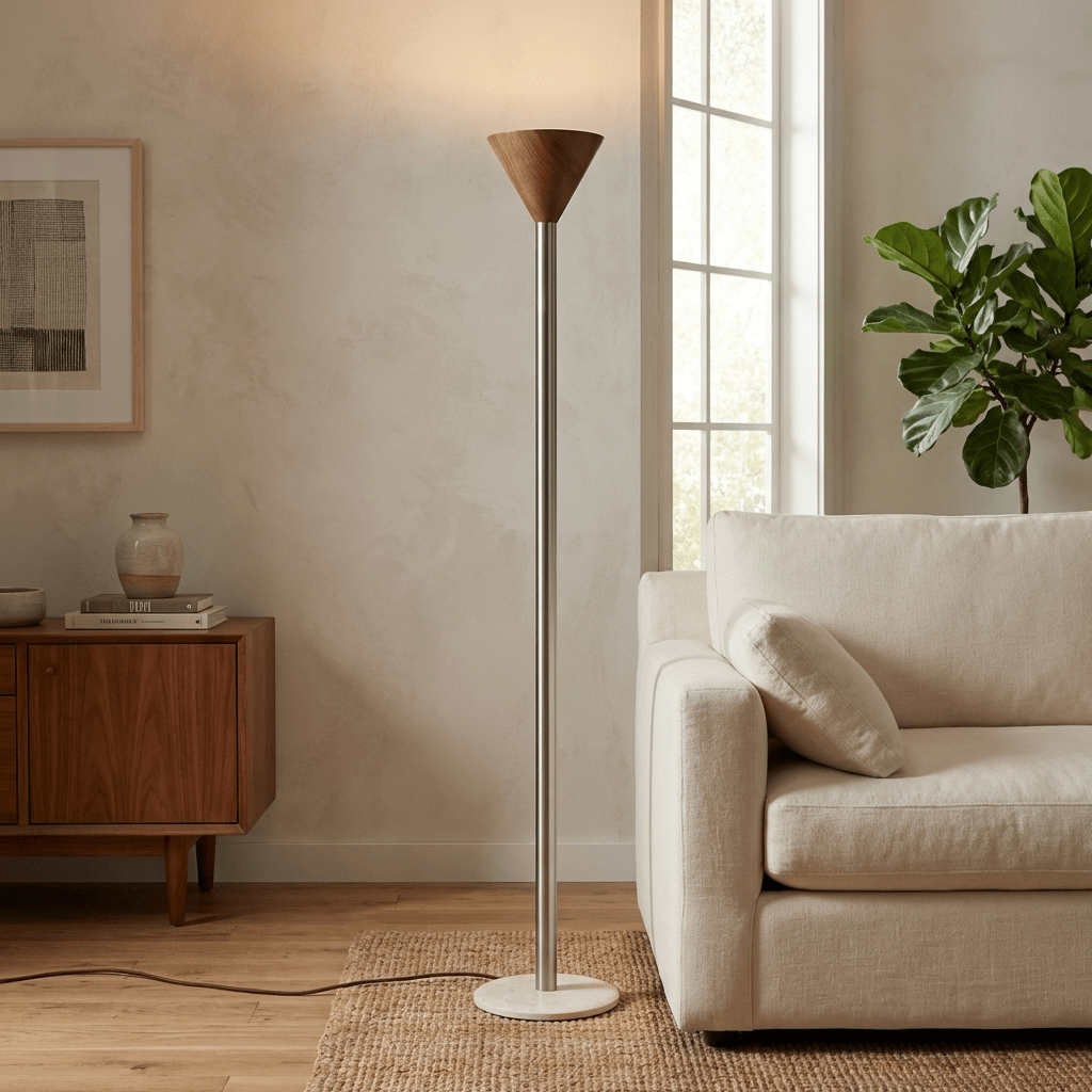 Arven Cone Floor Lamp – Sculptural Wood & Metal Standing Light for Modern Interiors