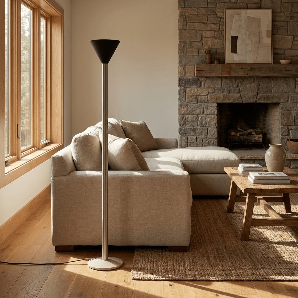 Arven Cone Floor Lamp – Sculptural Wood & Metal Standing Light for Modern Interiors
