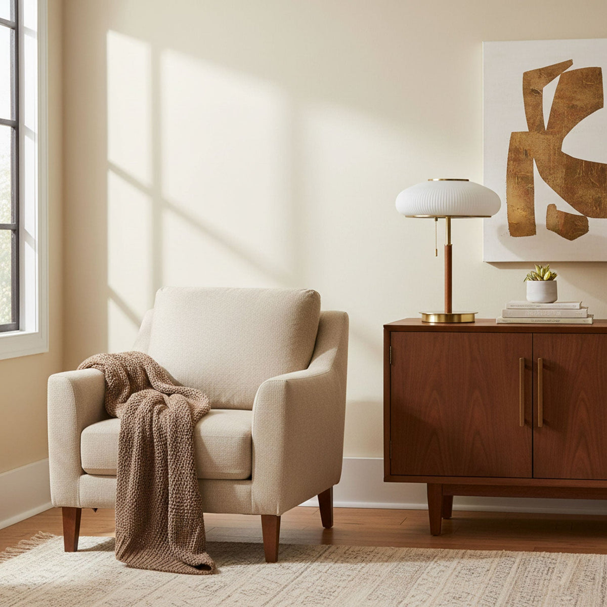 Arvia Table Lamp in Walnut and Brass with Ribbed Glass Shade