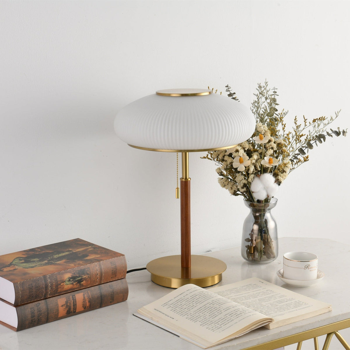 Arvia Table Lamp in Walnut and Brass with Ribbed Glass Shade