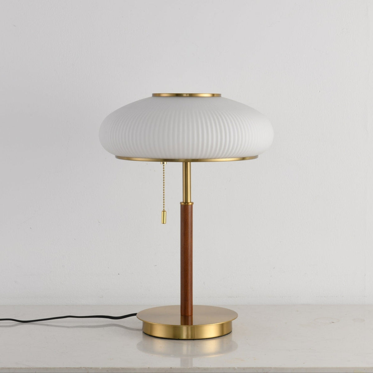 Arvia Table Lamp in Walnut and Brass with Ribbed Glass Shade