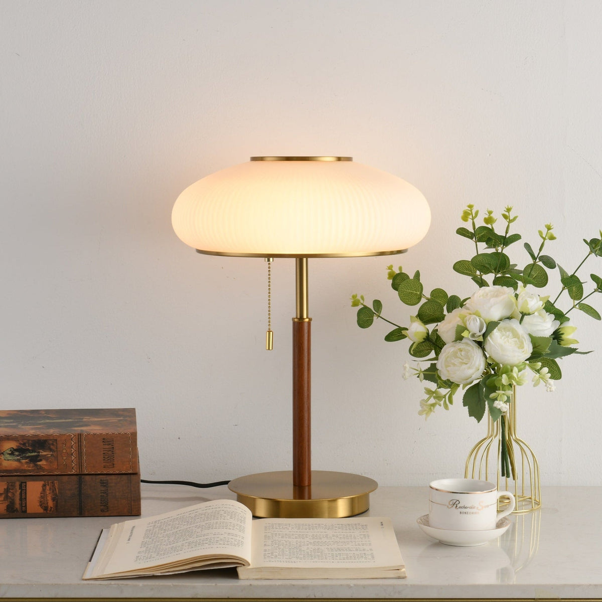 Arvia Table Lamp in Walnut and Brass with Ribbed Glass Shade