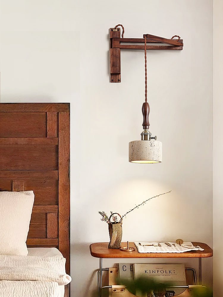 Arvilo Travertine Wall Sconce with Walnut Handle – Modern Bedside Lamp
