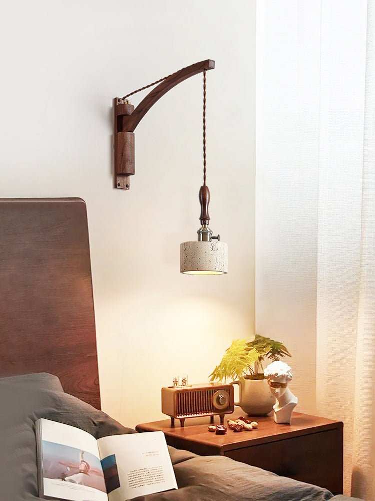 Arvilo Travertine Wall Sconce with Walnut Handle – Modern Bedside Lamp