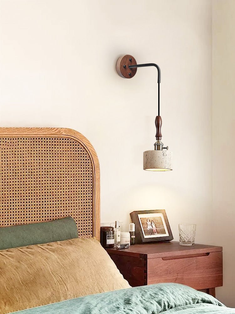 Arvilo Travertine Wall Sconce with Walnut Handle – Modern Bedside Lamp