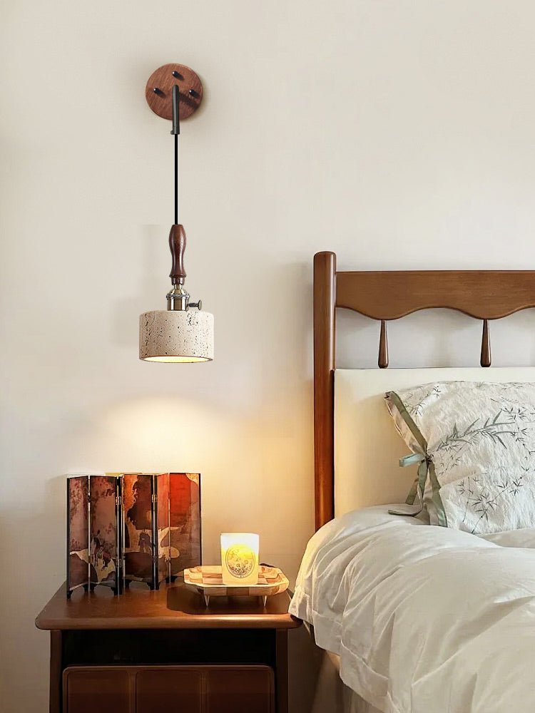 Arvilo Travertine Wall Sconce with Walnut Handle – Modern Bedside Lamp