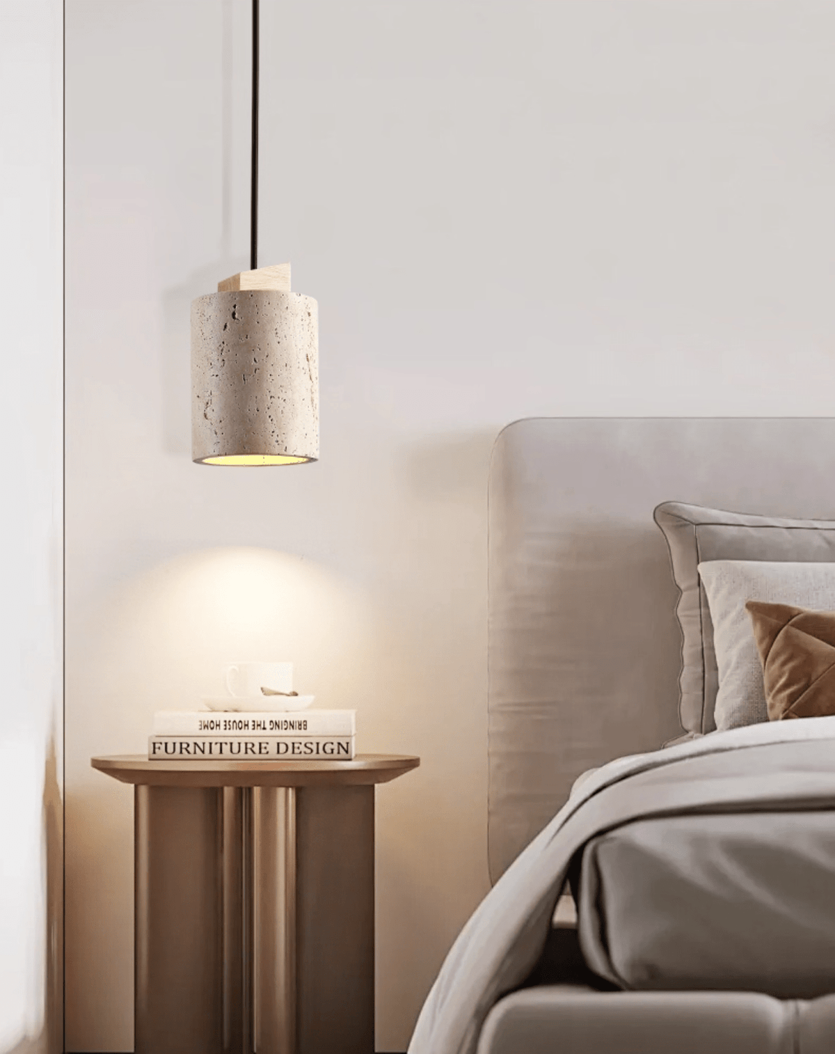 Arvo Cylinder Pendant Light in Natural Travertine and Wood