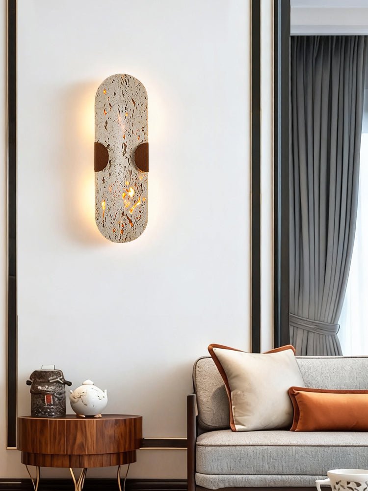 Arvyn Wall Sconce in Natural Travertine with Walnut Accents