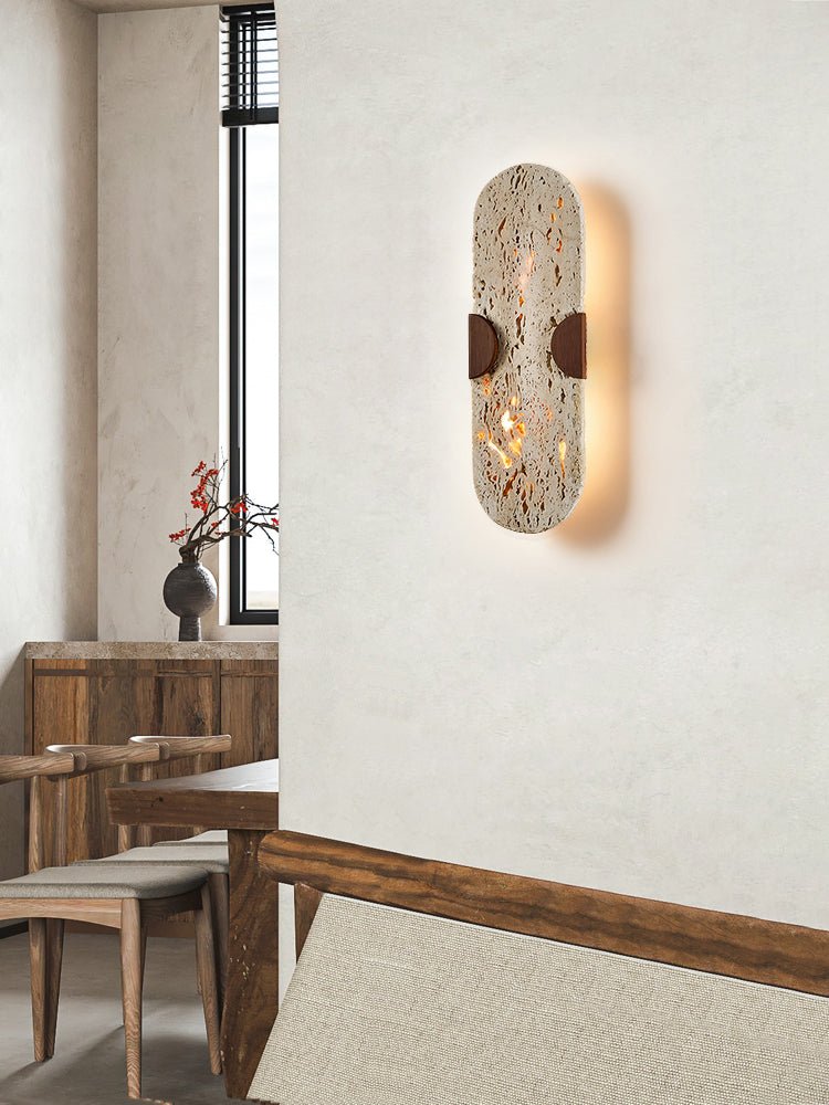 Arvyn Wall Sconce in Natural Travertine with Walnut Accents