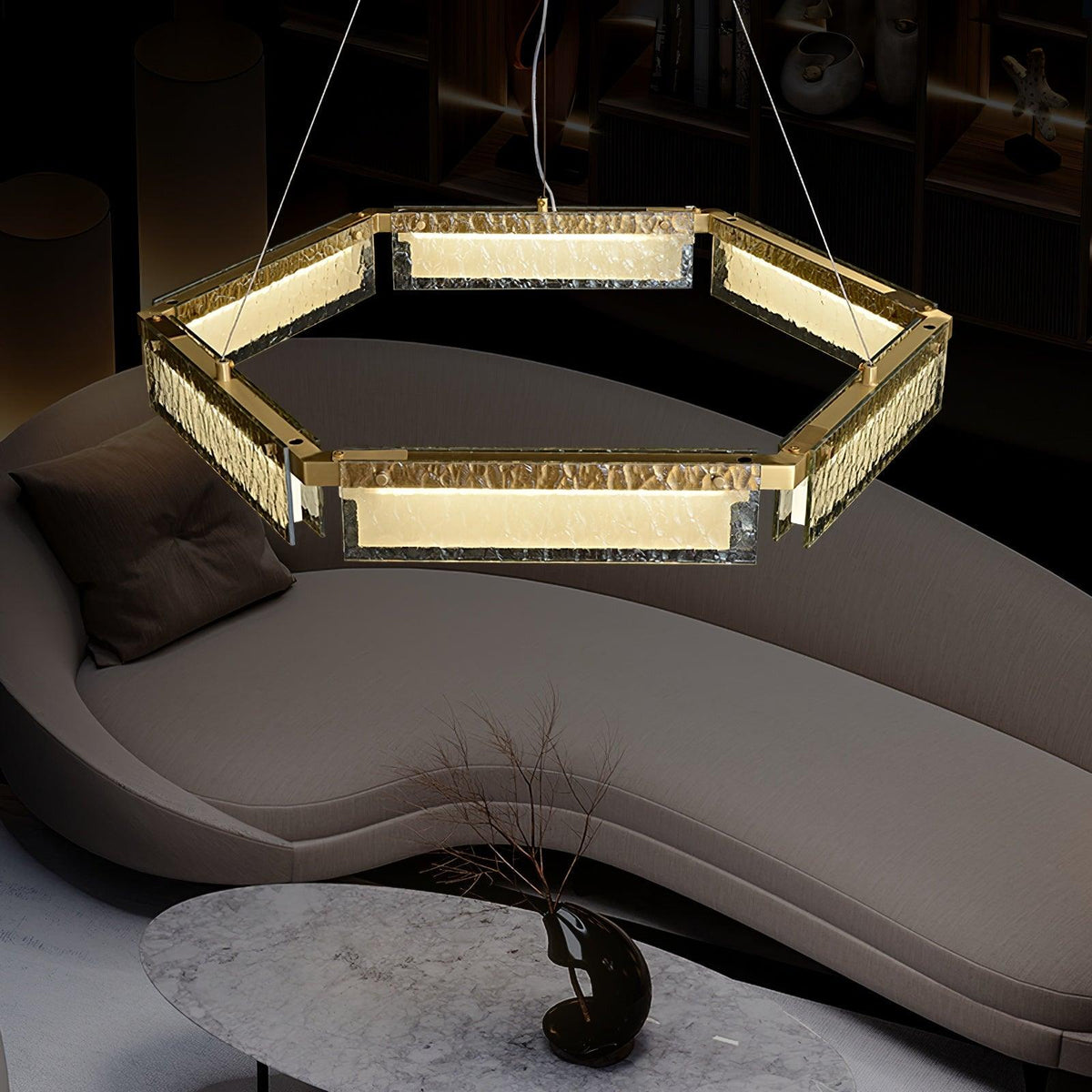 Asner Hexagonal LED Chandelier in Polished Brass and Glass