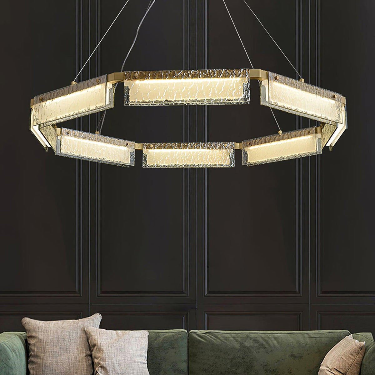 Asner Hexagonal LED Chandelier in Polished Brass and Glass