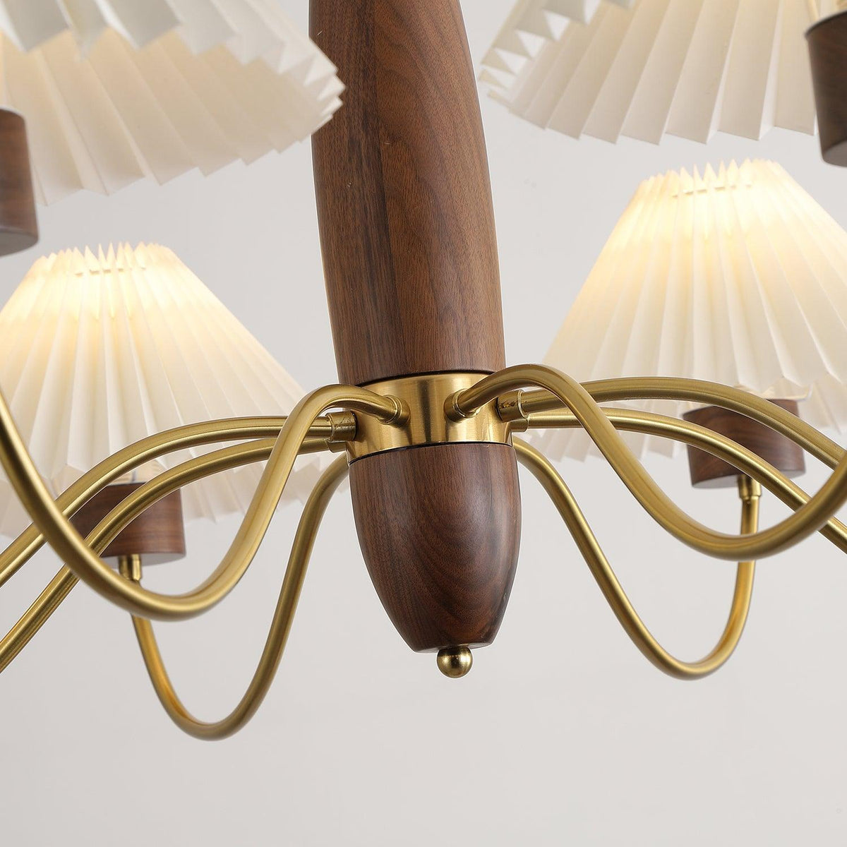 Asquith Modern Walnut and Copper Chandelier with Pleated Shades