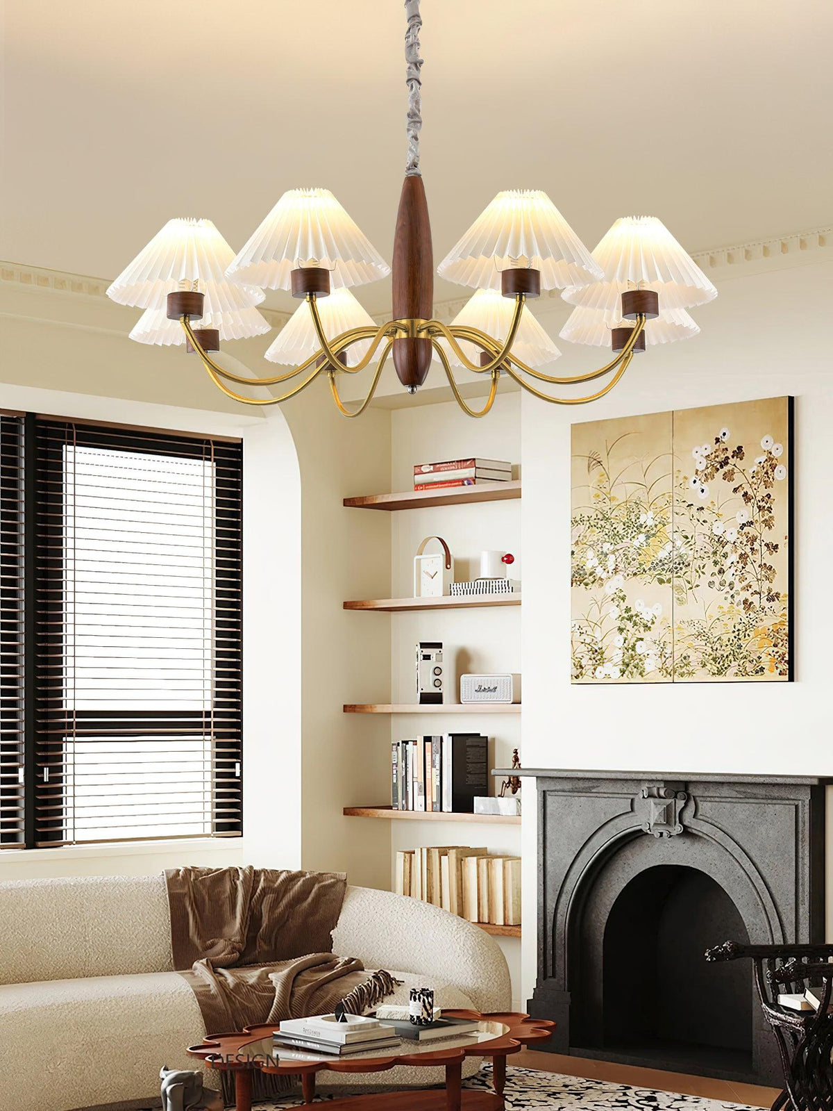 Asquith Modern Walnut and Copper Chandelier with Pleated Shades