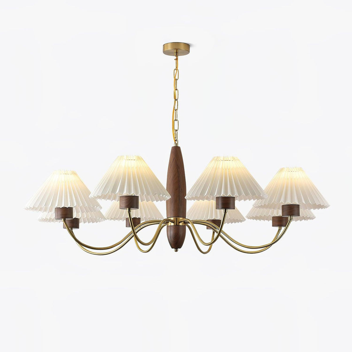 Asquith Modern Walnut and Copper Chandelier with Pleated Shades