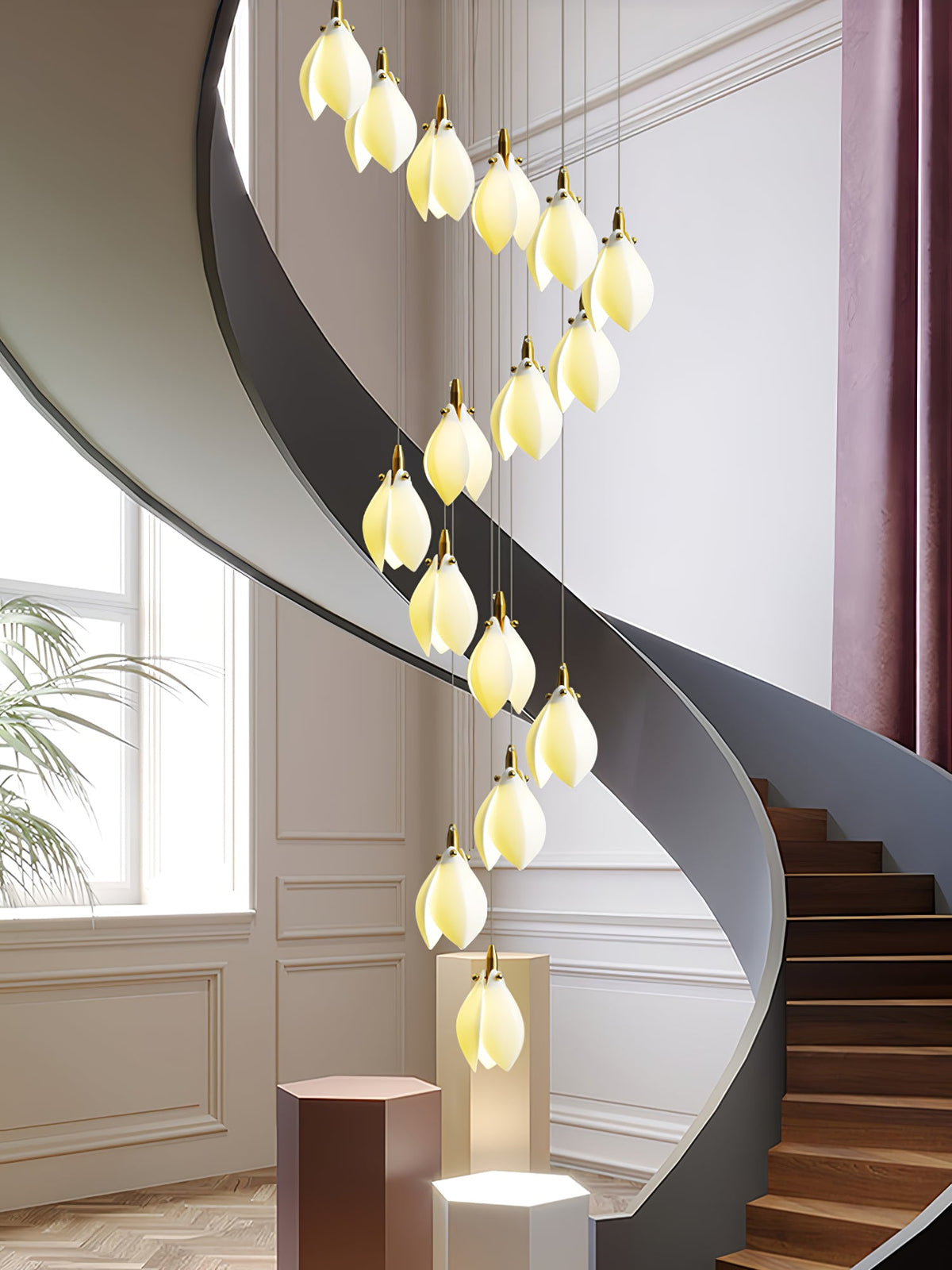 Astralis Bloom Staircase Chandelier – Modern Ceramic Petal Cascade in Gold