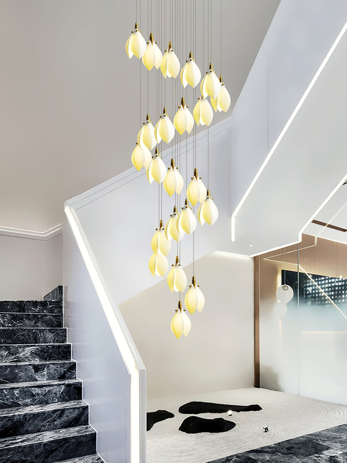 Astralis Bloom Staircase Chandelier – Modern Ceramic Petal Cascade in Gold