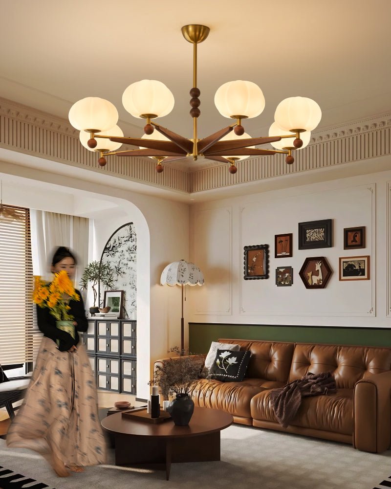 Astrid Bloom Mid-Century Modern Wood & Brass Chandelier with Glass Shades