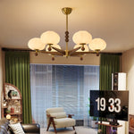 Astrid Bloom Mid-Century Modern Wood & Brass Chandelier with Glass Shades