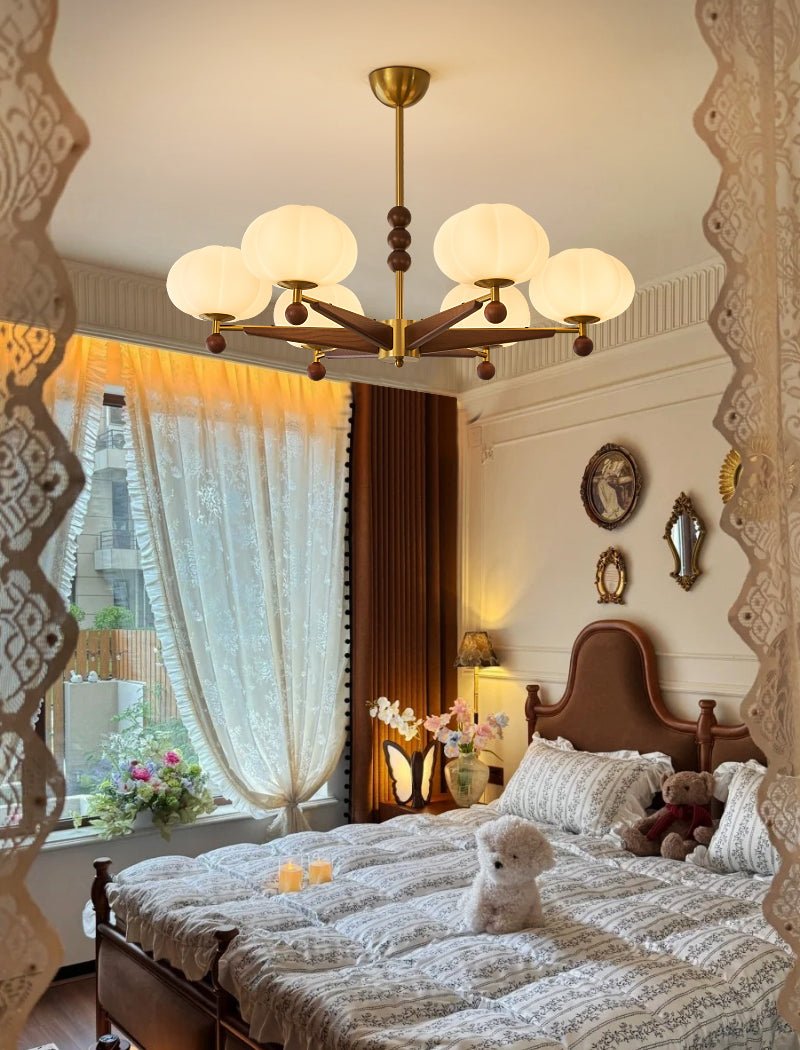 Astrid Bloom Mid-Century Modern Wood & Brass Chandelier with Glass Shades