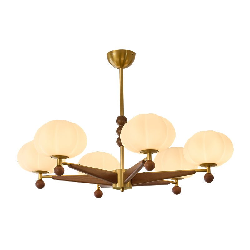 Astrid Bloom Mid-Century Modern Wood & Brass Chandelier with Glass Shades