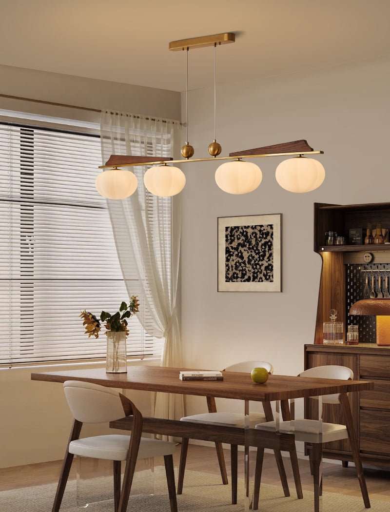 Astrid Bloom Mid-Century Modern Wood & Brass Chandelier with Glass Shades