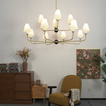 Astris Brass Chandelier – Modern Luxury Ceiling Light with White Fabric Shades