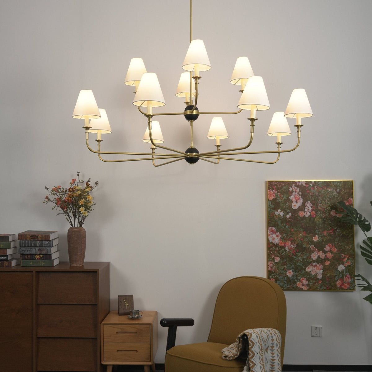 Astris Brass Chandelier – Modern Luxury Ceiling Light with White Fabric Shades