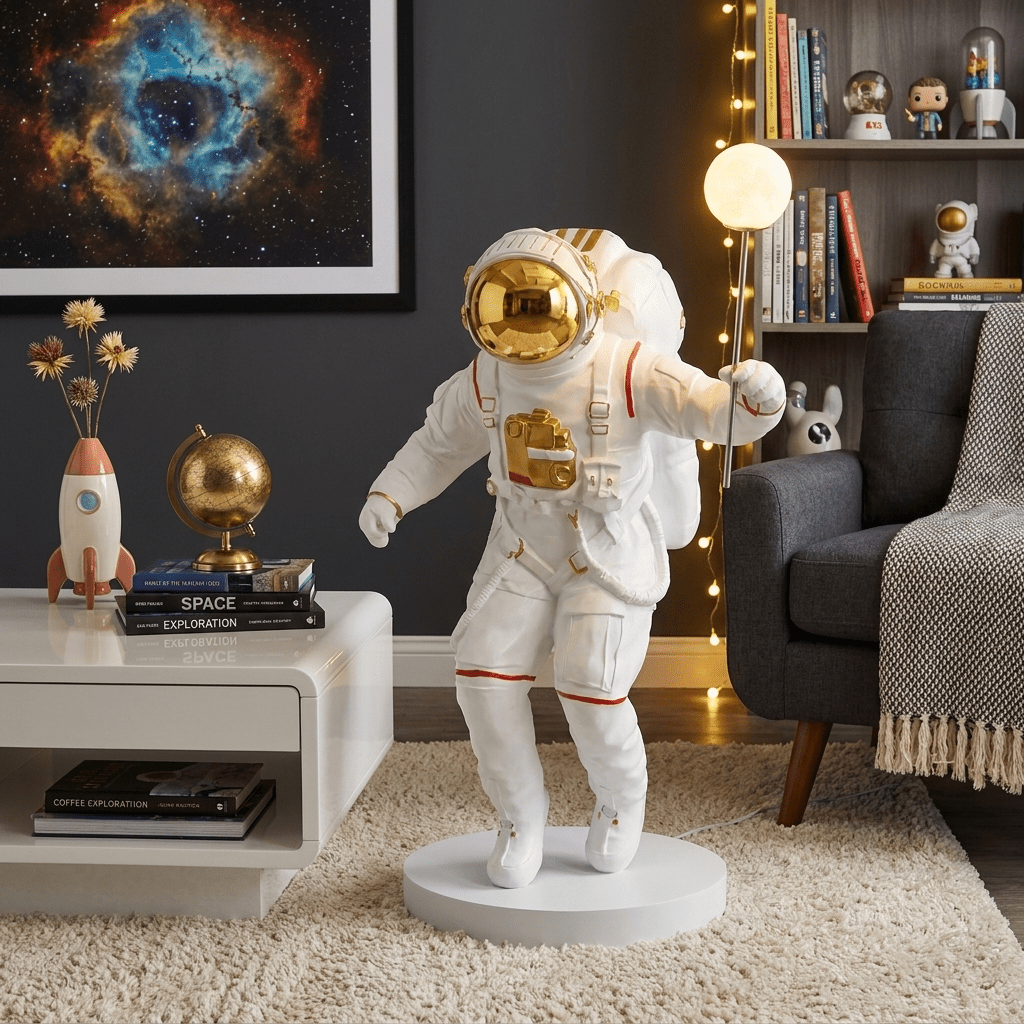 Astronaut Sculpture Floor Lamp with Glowing Orb for Modern Interiors